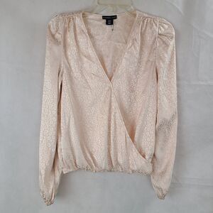 New SINCERELY JULES (M) Peach Satin Leopard Print Faux Wrap Long Sleeve Blouse